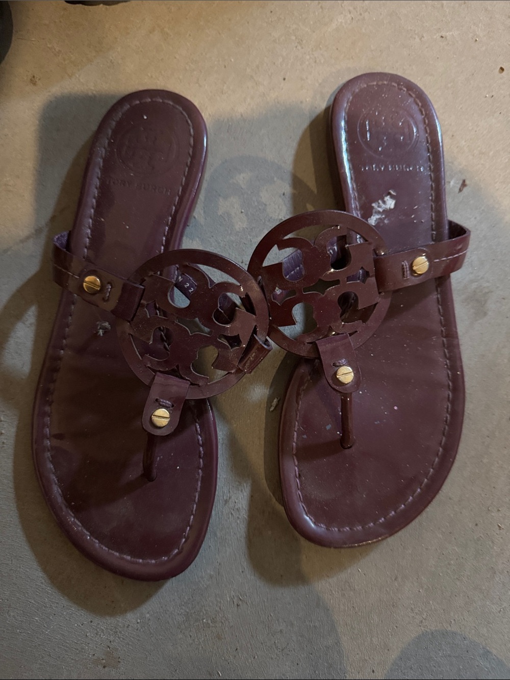 Tory Burch Maroon Leather Logo Thong Sandals